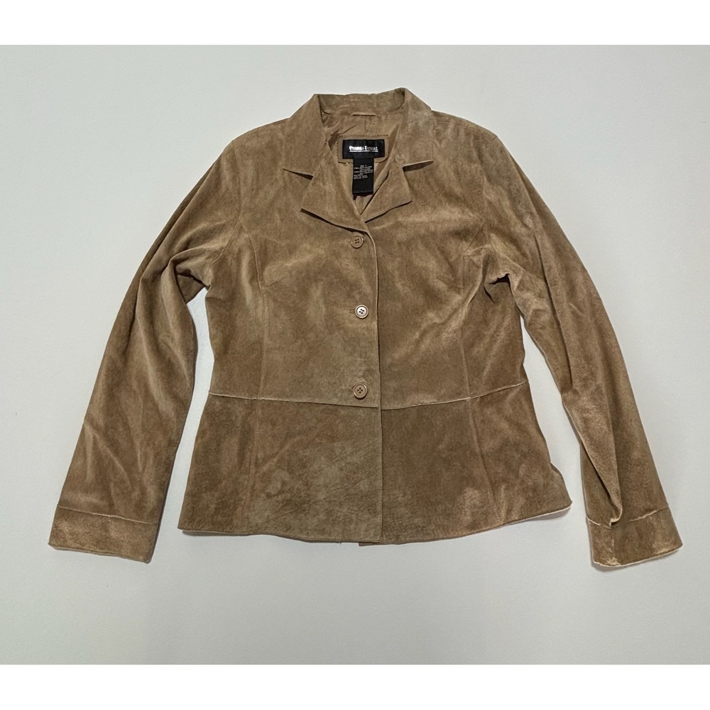 Brandon Thomas Tan Suede Leather Jacket Womens Large Brown 3 Button Blazer Coat